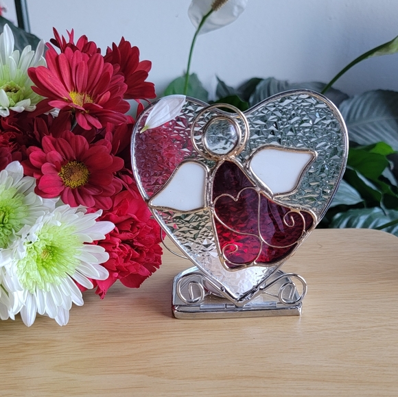 unbranded Other - Elegant Heart-Shaped Stained Glass Angel Art Metal Tea Light.